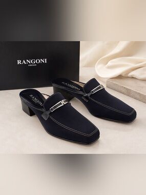 Rangoni Men's Dark Blue Suede Slip-On Mules with Metal Bit